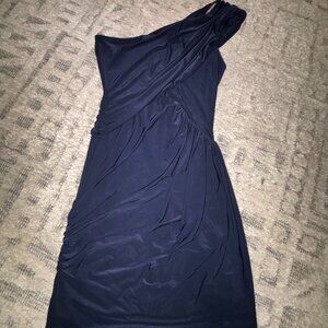 Soprano Slinky Navy Blue Asymmetrical Mini Dress with Side Ruching, Size M